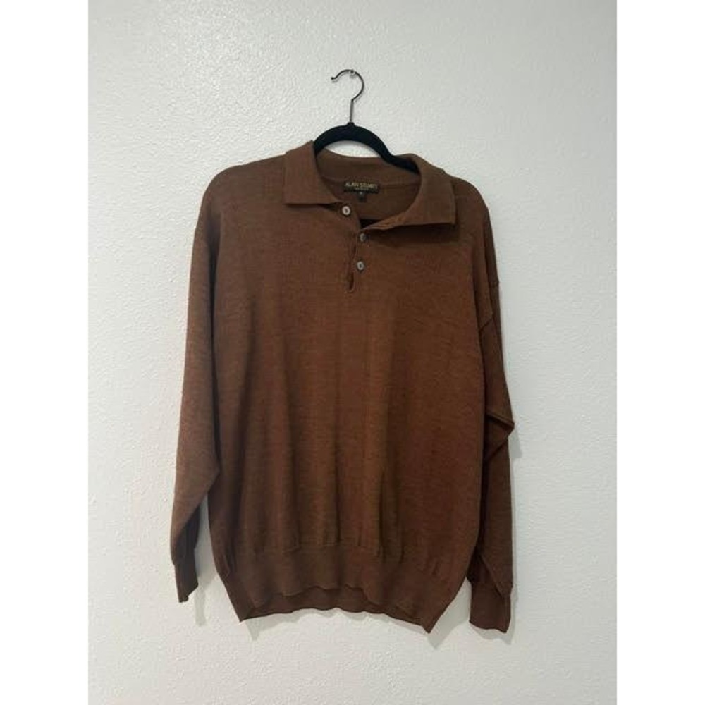 Alan Stuart Mens XL Brown Knit Polo Sweater Long Sleeve Made in Italy Vintage